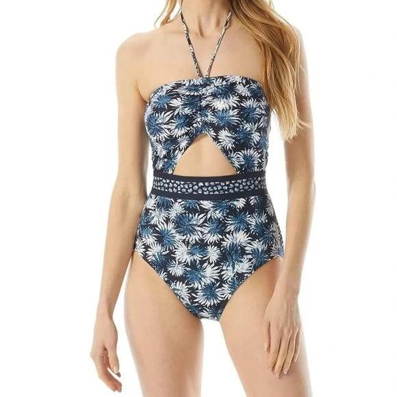 🌻 Michael Koss Women's size 14 Tropical Print Bandeau Cut Out One-Piece Swimsuit - Picture 2 of 7